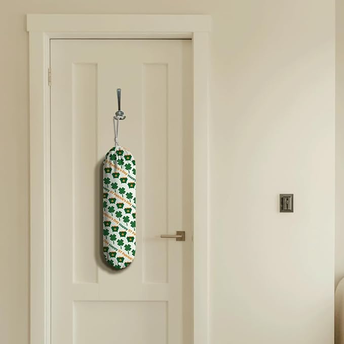 Plastic Bag Holder, Wall Mount Grocery Sack Organizer Dispenser, Washable Cotton-Linen Storage with Hanging Loop, St. Patrick’s Day Pot of Gold, Clover & "Happy St. Patrick's Day" Design for Kitchen