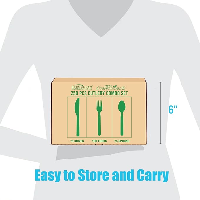 250 Count Compostable Disposable Non Plastic Silverware, Heavy Duty Biodegradable Forks Spoons Knives Cutlery Set, Eco Friendly Recyclable Flatware Utensils for Party Wedding Daily Use