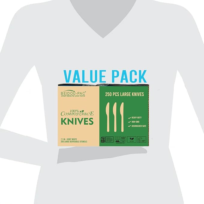 250 Count Compostable Disposable Non Plastic Knives, Large Heavy Duty Biodegradable Utensils, Eco Friendly Durable Sturdy Recyclable Knives Flatware Silverware for Party Wedding Daily Use