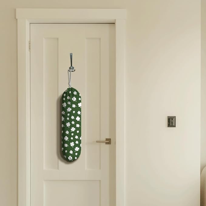 Wall Mount Plastic Bag Holder, Reusable Grocery Sack Organizer, Washable Cotton-Linen Storage, St. Patrick’s Day White Shamrock & Clover Design, Hanging Loop for Kitchen Pantry Decor
