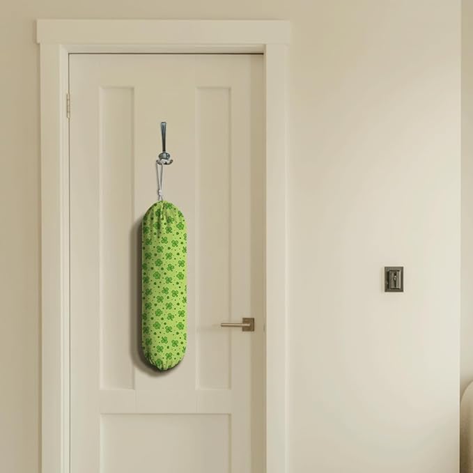 Reusable Grocery Bag Holder, Wall Mounted Organizer Dispenser, Washable Cotton-Linen Storage, St. Patrick’s Day Green Clover & Lucky Shamrock Design, Lucky Pattern for Kitchen Pantry or Cabinet