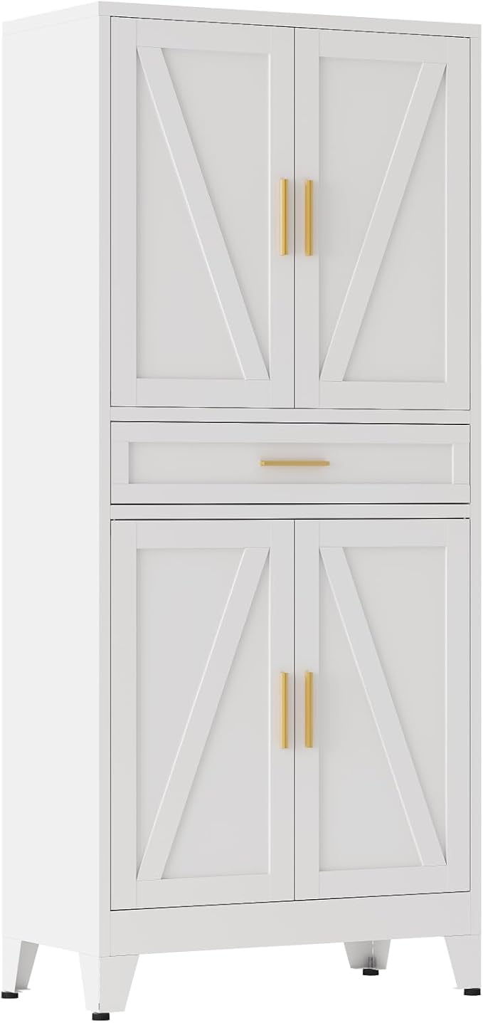 71" Pantry Cabinet in White with 4 Doors & Center Drawer, Max Organization Storage Cabinet with Adjustable Shelves, Freestanding Farmhouse Cupboard for Spacious Kitchen, Dining Room