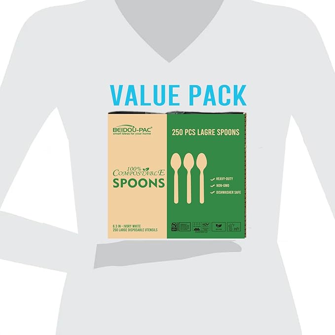 250 Count Compostable Disposable Non Plastic Spoons, Large Heavy Duty Biodegradable Utensils, Eco Friendly Durable Sturdy Recyclable Spoons Flatware Silverware for Party Wedding Daily Use