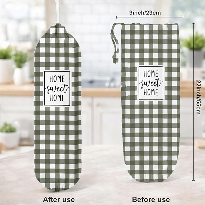 Plastic Bag Holder, Home Sweet Home Plastic Bag Holder for Kitchen Essentials, Olive Green and White Grid Bags Holders for Plastics Bags Groceries Store, Reusable Hanging Trash Sack Dispenser
