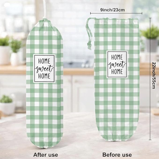 Plastic Bag Holder, Home Sweet Home Plastic Bag Holder for Kitchen Essentials, Green and White Grid Bags Holders for Plastics Bags Groceries Store, Reusable Hanging Trash Sack Dispenser