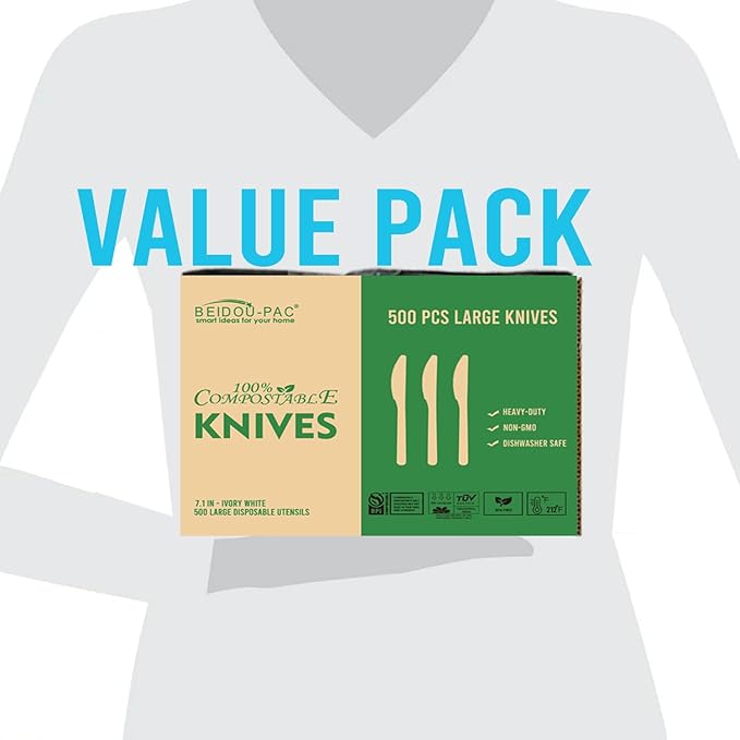 500 Count Compostable Disposable Non Plastic Knives, Large Heavy Duty Biodegradable Utensils, Eco Friendly Durable Sturdy Recyclable Knives Flatware Silverware for Party Wedding Daily Use