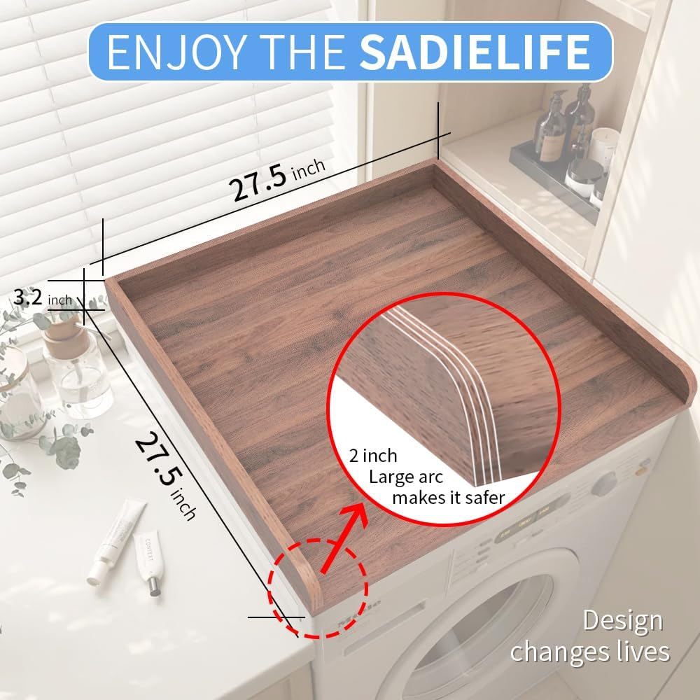 Washer Dryer Countertop Only,Edge Rails-27.5" Depth*27.5" Width Laundry Room Organization,High-Adhesion Non-Slip Protective Layer,with Edge Rails (Walnut)