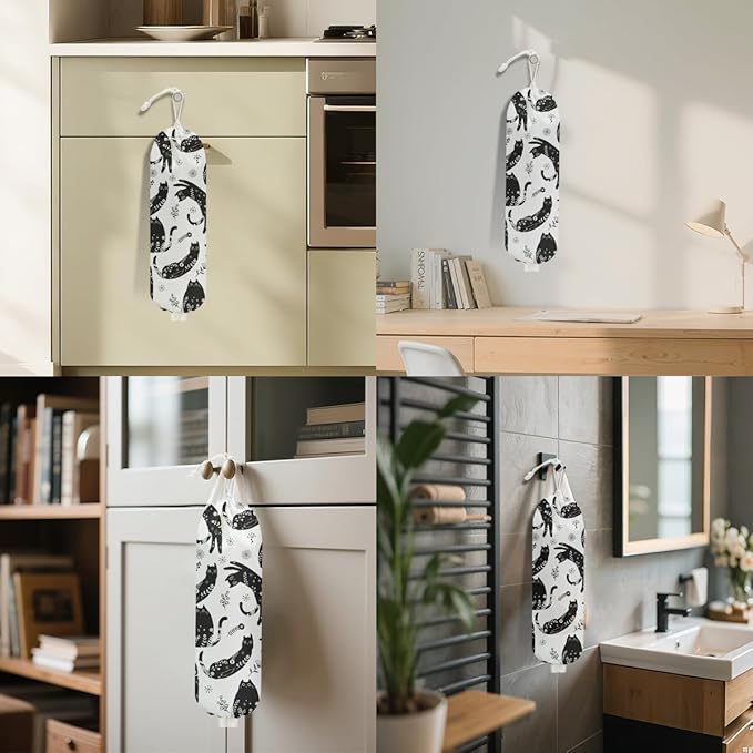 Black White Floral Cat Plastic Bag Holder, Wall Mount Grocery Bag Holder for Plastic Bags, Vibrant Cats Reusable Grocery Bags Storage Dispenser for Home Kitchen Decor, Cat Lover Gifts for Women