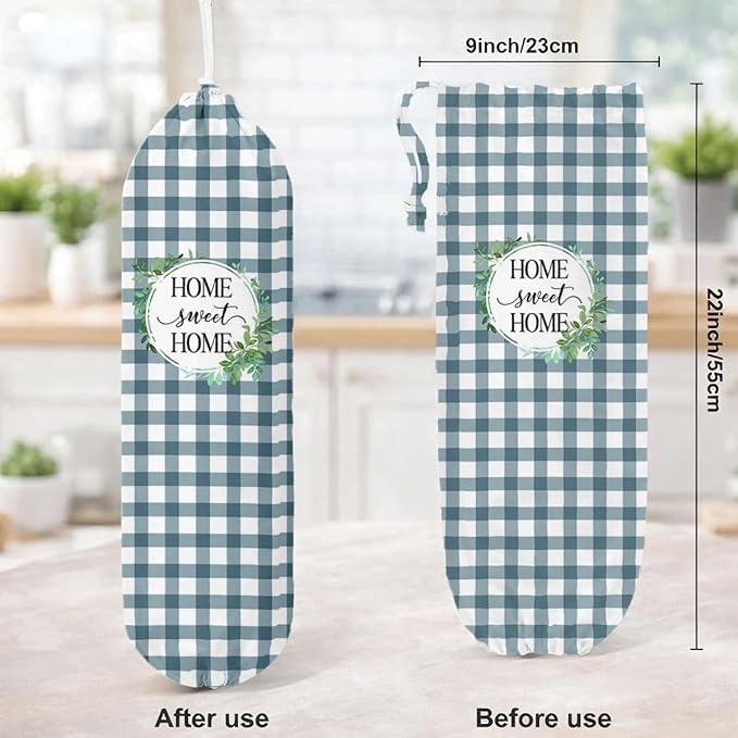 Plastic Bag Holder, Home Sweet Home Plastic Bag Holder for Kitchen Essentials, Blue and White Grid Bags Holders for Plastics Bags Groceries Store, Reusable Hanging Trash Sack Dispenser