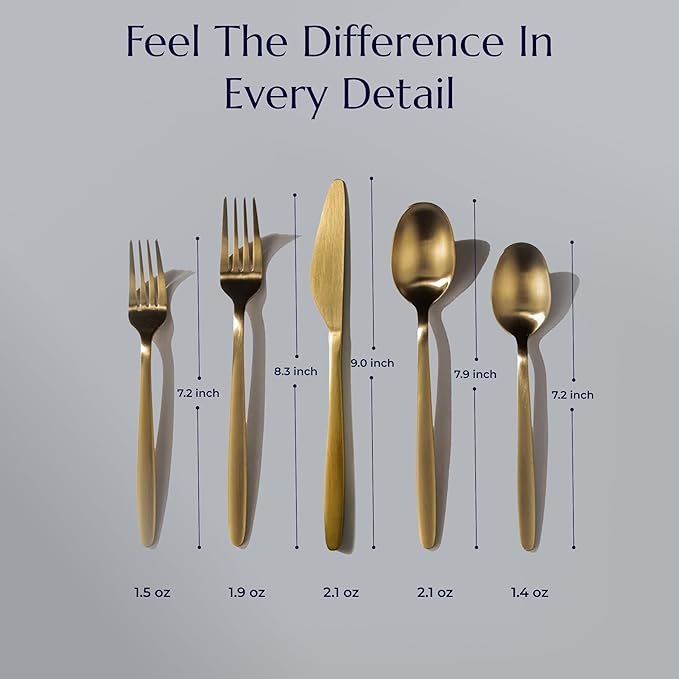 JazzUpCo Tia Flatware non toxic 18/10 stainless steel dishwasher safe (Matte Gold, 4 Person Set (20 Pieces))