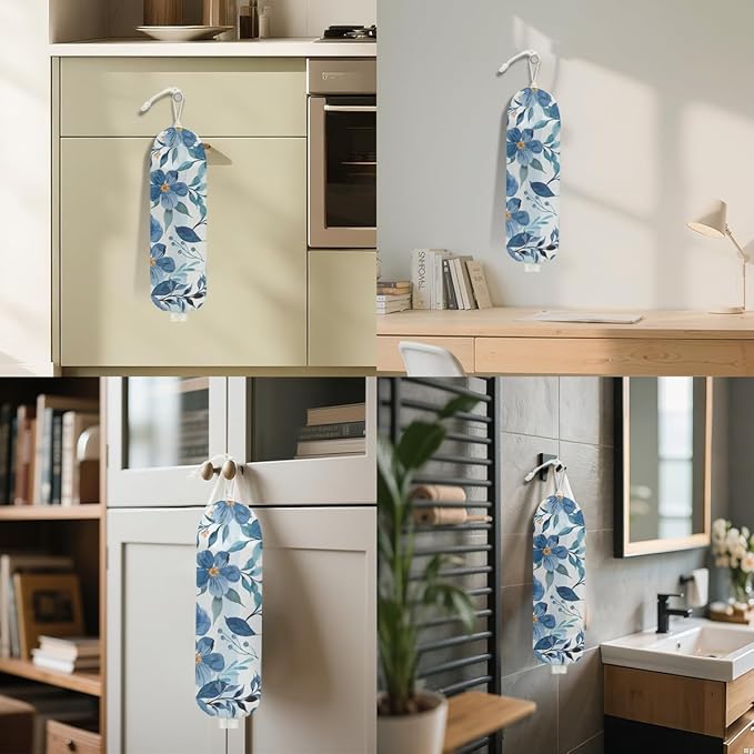 Watercolor Blue Flower Plastic Bag Holder, Wall Mount Grocery Bag Holder for Plastic Bags, Vibrant Floral Reusable Grocery Bags Storage Dispenser for Home Kitchen Decor, Flower Gifts for Women Mom