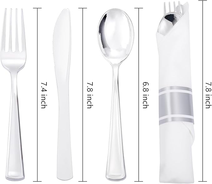 Liacere 100 Pack Silver Plastic Silverware-Pre Wrapped cutlery and Napkin-Pre Rolled Silverware Disposable 100 Forks, 100 Knives 100 Spoons, 100 Napkins Plastic Utensils&Christmas&New Year