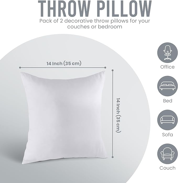 Utopia Bedding 14x14 Pillow Inserts, Set of 2, White – Indoor Decorative Throw Pillows for Bed, Sofa & Couch – Soft, Supportive & Fluffy Cushion Inserts