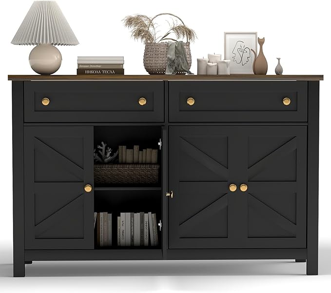 Farmhouse Kitchen Cabinet with Drawers, Rustic Sideboard Buffet Cabinet with Shelves and 4 Doors, Coffee Bar Cabinet, Storage Cabinet for Entryway Living Room Kitchen,Black