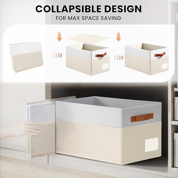 4 Pack Large Closet Storage Baskets for Shelves - 14x10 Heavy Duty Closet Shelf Organizer Bins with Handles & Labels - Decorative Collapsible Baskets for Organizing Living Room Bedroom Nursery Dorm