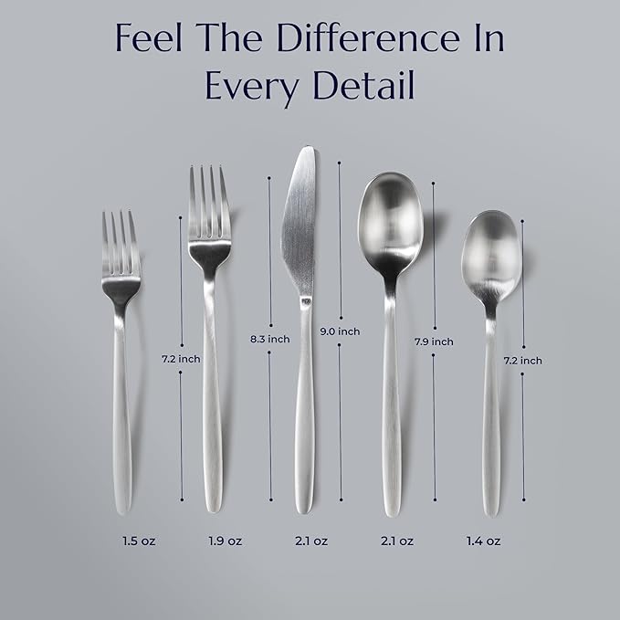 JazzUpCo Tia Flatware non toxic 18/10 stainless steel dishwasher safe (Matte Silver, 12 Person Set (60 Pieces))