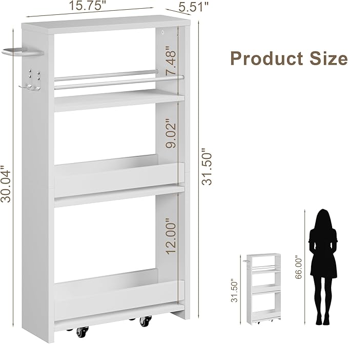 ChooChoo 4-Tier Slim Storage Cart with Handle, 5.51" W Rolling Utility Cart on Universal Wheels, Kitchen Cart Mobile Shelving Organization for Laundry Room, Bathroom & Narrow Places, White