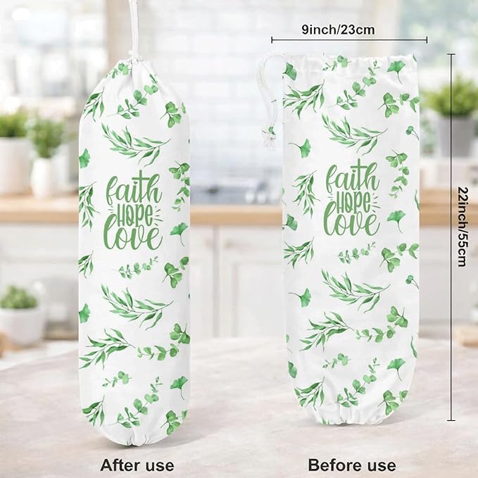 Plastic Bag Holder, Faith Hope Love Plastic Bag Holder for Kitchen Essentials, Leaf Trash Sack Storage Dispenser for Home Decor, Kitchen Gifts to Women Family Friends Grandma Mom