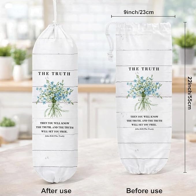 Plastic Bag Holder, The Truth John 8:32 Plastic Bag Holder Christian Decor, Reusable Hanging Trash Bags Dispenser, Christian Kitchen Gifts for Women Plastics Bags Holders with Bible Verse