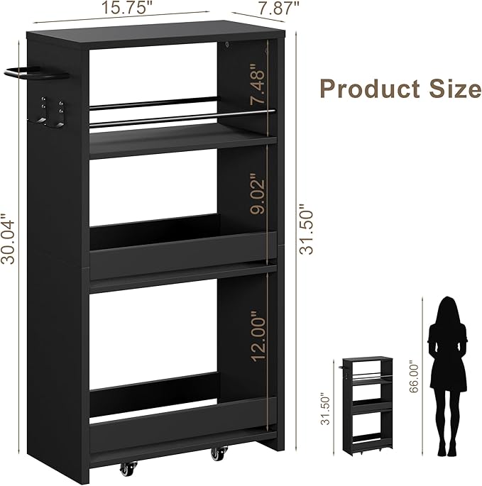 ChooChoo 4-Tier Slim Storage Cart with Handle, 7.87" W Rolling Utility Cart on Universal Wheels, Kitchen Cart Mobile Shelving Organization for Laundry Room, Bathroom & Narrow Places, Black