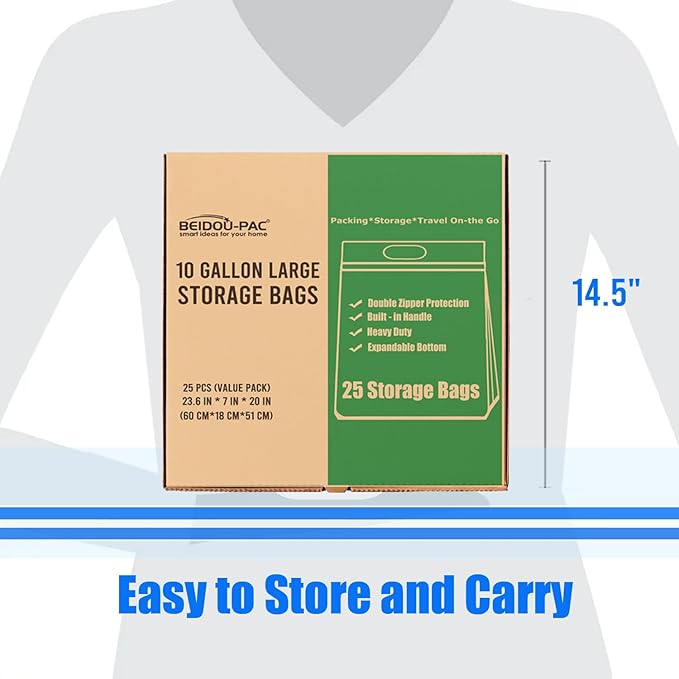 10 Gallon Large Storage Bags with Handle, 25 Counts | Double Zipper Seal | Expandable Bottom, Resealable Clear zip Bags