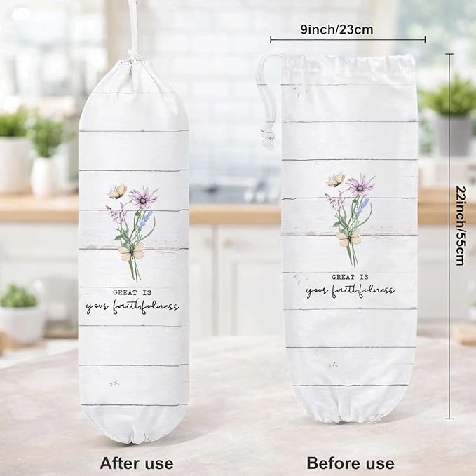 Plastic Bag Holder, Great Is Your Faithfulness Plastic Bag Holder, Reusable Hanging Grocery Bags Organizer, Christian Kitchen Gifts for Women Plastics Bags Holders with Bible Verse
