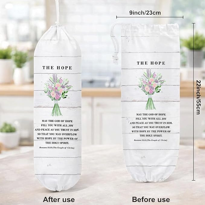 Plastic Bag Holder, The Hope Romans 15:13 Plastic Bag Holder Christian Decor, Reusable Hanging Trash Bags Dispenser, Christian Kitchen Gifts for Women Plastics Bags Holders with Bible Verse