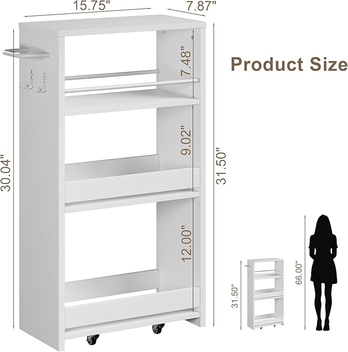 ChooChoo 4-Tier Slim Storage Cart with Handle, 7.87" W Rolling Utility Cart on Universal Wheels, Kitchen Cart Mobile Shelving Organization for Laundry Room, Bathroom & Narrow Places, White