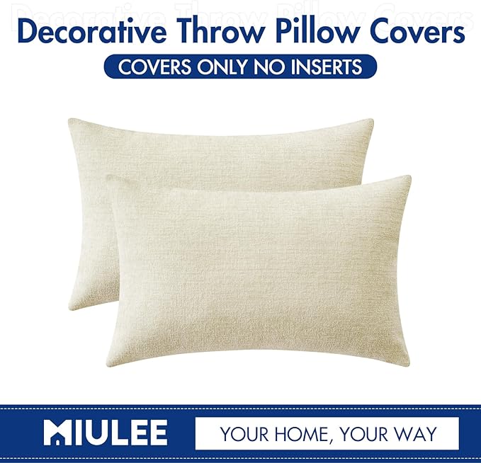 MIULEE Pack of 2 Cream Throw Pillow Covers 12x20 Inch Soft Chenille Pillow Covers for Sofa Living Room Spring Home Decor Couch Solid Dyed Cases