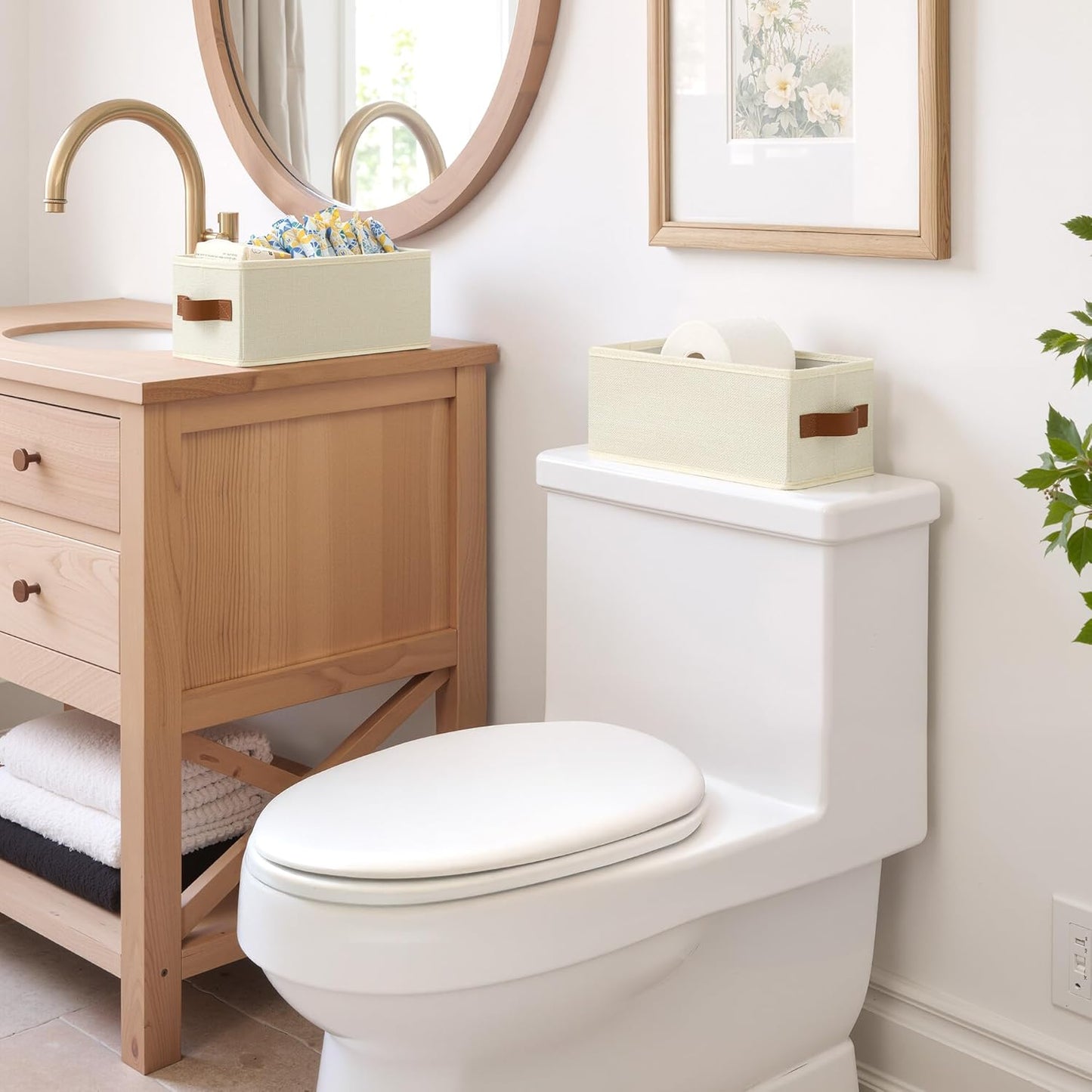 GRANNY SAYS Small Fabric Storage Bins, Storage Baskets for Shelves with PU Handles, Toilet Paper Storage, Mini Baskets for Organizing DVD, Photos, Clothes, Diaper, Sock, Cd, 3-Pack, Ivory