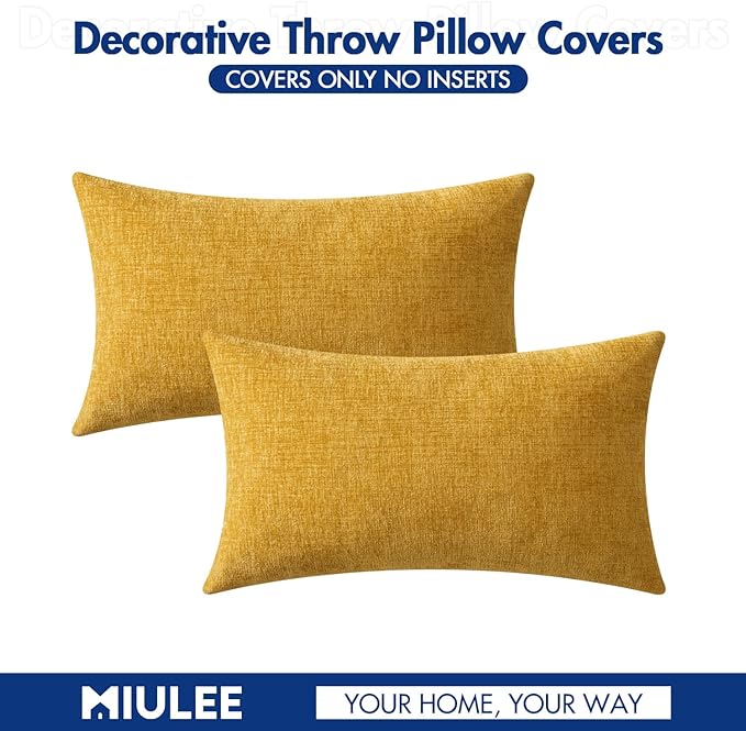 MIULEE Pack of 2 Mustard Yellow Throw Pillow Covers 12x20 Inch Soft Spring Chenille Pillow Covers for Sofa Living Room Couch Solid Dyed Cases