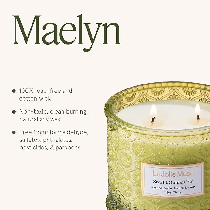LA JOLIE MUSE Starlit Golden Fir Candle - Cedarwood, Patchouli, Fir Balsam | 12 oz Large 2-Wick Soy Wax Candle | 60 Hours Clean Burn | Balsam and Fir Candle | Gift-Ready for Hosts & Gatherings
