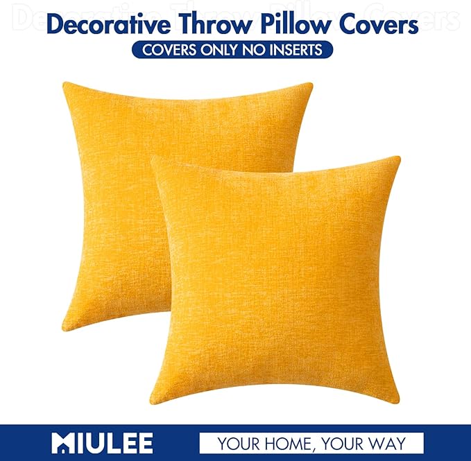 MIULEE Pack of 2 Couch Throw Pillow Covers 20x20 Inch Soft Goose Yellow Chenille Pillow Covers for Sofa Living Room Spring Home Decor Couch Solid Dyed Cases
