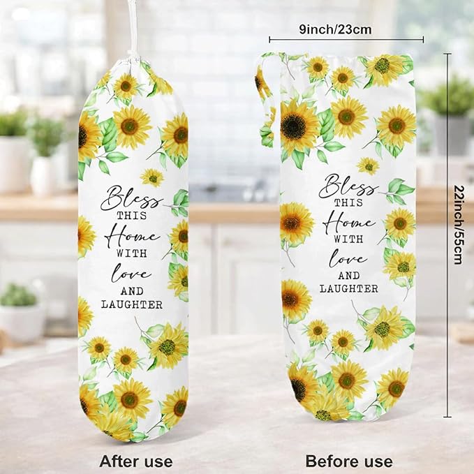 Sunflower Plastic Bag Holder, Bless This Home with Love And Laughter Plastic Bag Holder, Christian Inspirational Gift for Women Plastics Bags Holders with Bible Verses, Reusable Trash Bags Organizer