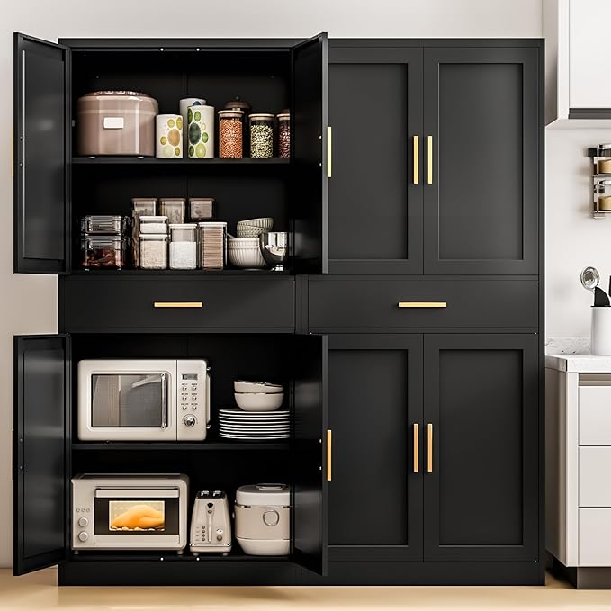 Kitchen Pantry Cabinet,71” Metal Tall Pantry Storage Cabinet with Doors 2 Adjustable Shelves and a Drawer,Kitchen Storage Cabinets Black Freestanding Food Cabinet for Pantries, Kitchen, Dining Room