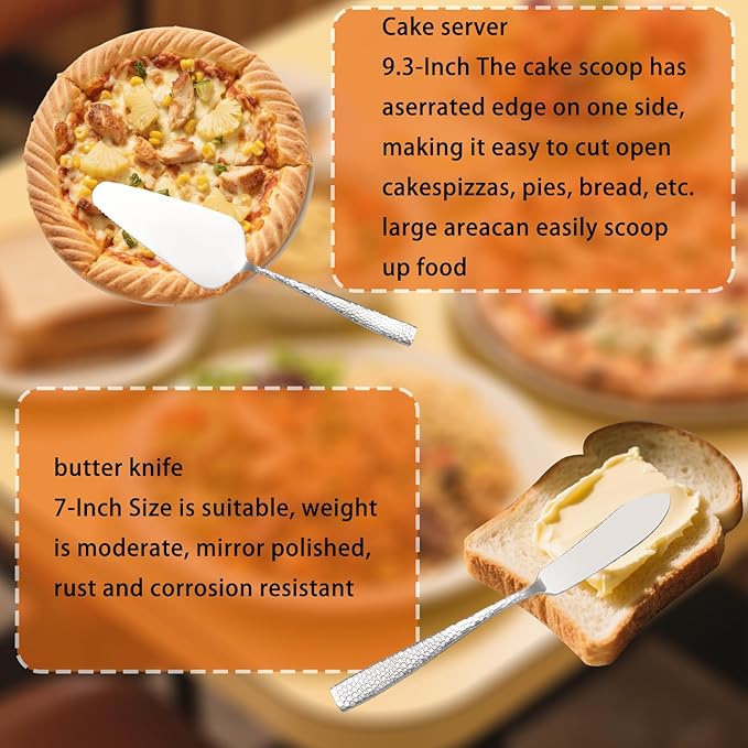 Large Hostess Serving Utensils Set, Stainless Steel Heavy Duty Hammered Serving spoons, Slotted Spoons, Serving Fork, Cake Server, Butter Knife, Dishwasher Safe(Silver)