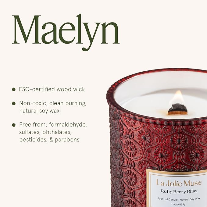 LA JOLIE MUSE Ruby Berry Bliss Scented Candle | Mandarin, Cranberry & Plum | 19 oz Natural Soy Candle | Wooden Wick | 90-Hour Clean Burn | Valentines Gifts for Her | Cozy Home Decor