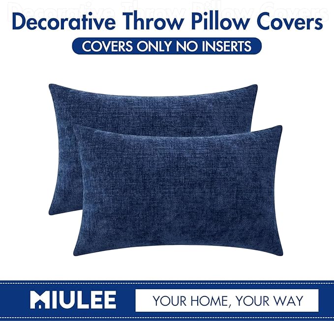 MIULEE Pack of 2 Couch Throw Pillow Covers 12x20 Inch Spring Soft Navy Chenille Pillow Covers for Sofa Living Room Solid Dyed Pillow Cases