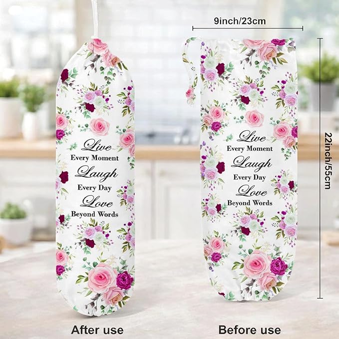 Plastic Bag Holder, Live Every Moment Laugh Every Day Love Beyond Words Plastic Bag Holder for Kitchen Essentials, Reusable Hanging Grocery Sack Dispenser, Floral Trash Sack Storage Dispenser