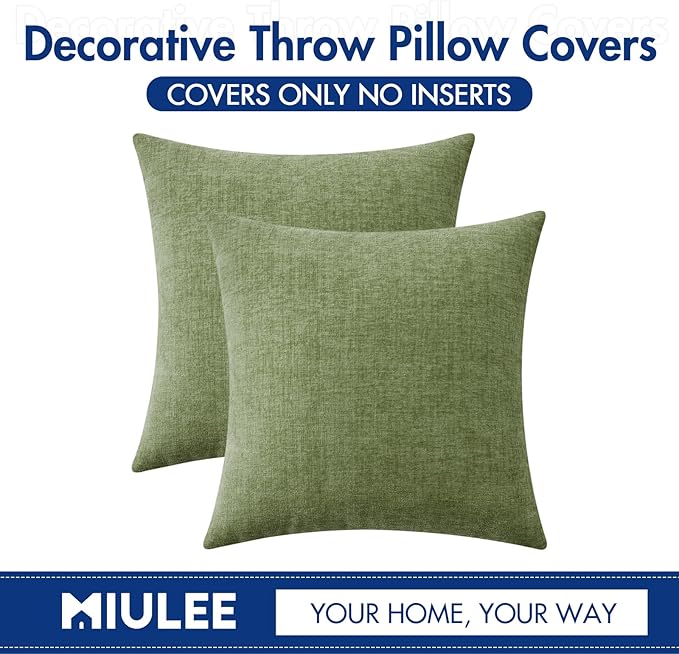 MIULEE Pack of 2 Couch Throw Pillow Covers 16x16 Inch Soft Sage Green Spring Chenille Pillow Covers for Sofa Living Room Solid Dyed Pillow Cases