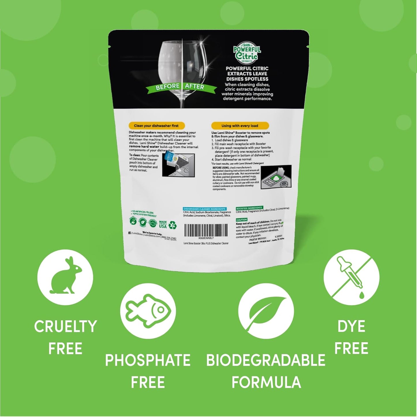 Lemi Shine Natural Dish Detergent Booster - Hard Water Stain Remover - Multi-Use Citric Acid Cleaner - 38 oz