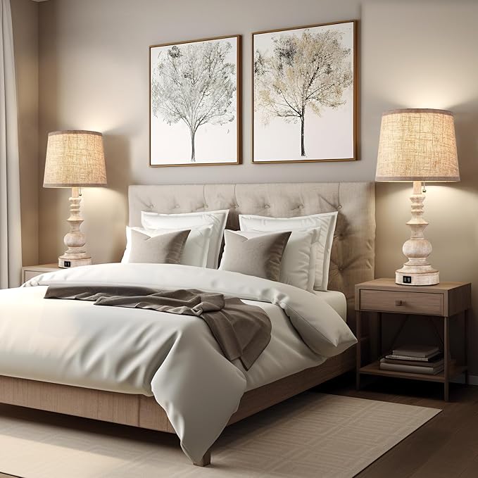 Drawealth Table Lamps for Bedrooms Set of 2 Farmhouse Bedside Lamps for Nightstand with USB Charging Ports Traditional Side Table Lamps for Living Room Wooden Finish, Pull Chain, Bulbs Not Included