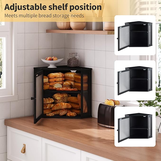 Corner Bread Box for Kitchen Countertop,Bread Storage for Homemade Bread, Double Layer Large Bamboo Kitchen Storage Bin with Window (Black, Medium)
