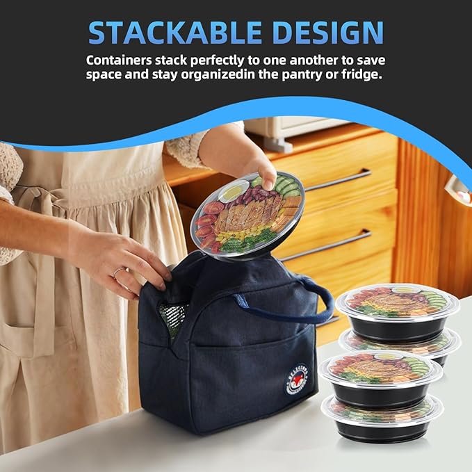 32oz Disposable meal prep containers with lids, 50 Pack (100-Piece) Black Round,Reusable take out food containers,BPA-Free,Stackable Bento Box,Lunch containers microwave Dishwasher safe