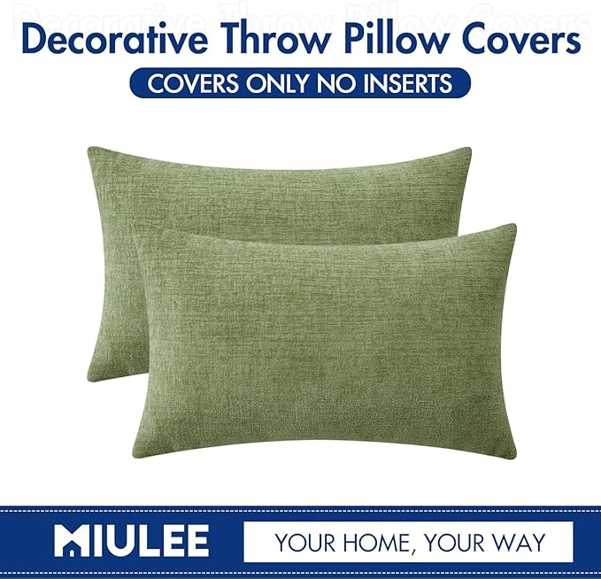 MIULEE Pack of 2 Couch Throw Pillow Covers 14x22 Inch Spring Soft Sage Green Chenille Pillow Covers for Sofa Living Room Solid Dyed Pillow Cases