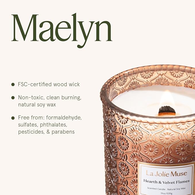 LA JOLIE MUSE Hearth & Velvet Flames Candle – Saffron, Clove & Vanilla | 19 oz Large Wooden Wick Soy Candle | 90 Hours Clean Burn | Gift-Ready for Any Occasion | Elegant Home Décor