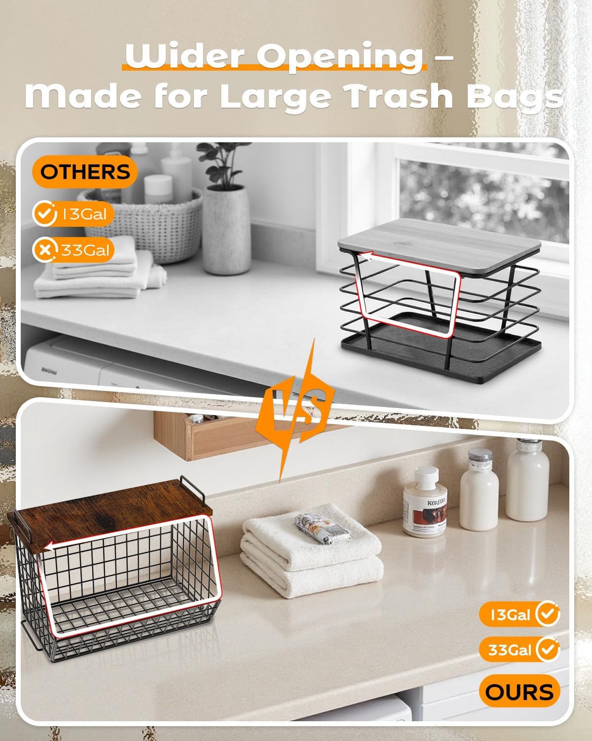 2 Pack Stackable Extra Large Trash Bag Holder Under Sink, Wall Mounted Garbage Bag Dispenser Roll Holder for 13/33 Gallon Trash Bags, Kitchen/Pantry/Laundry Room Organization Basket Storage Bin