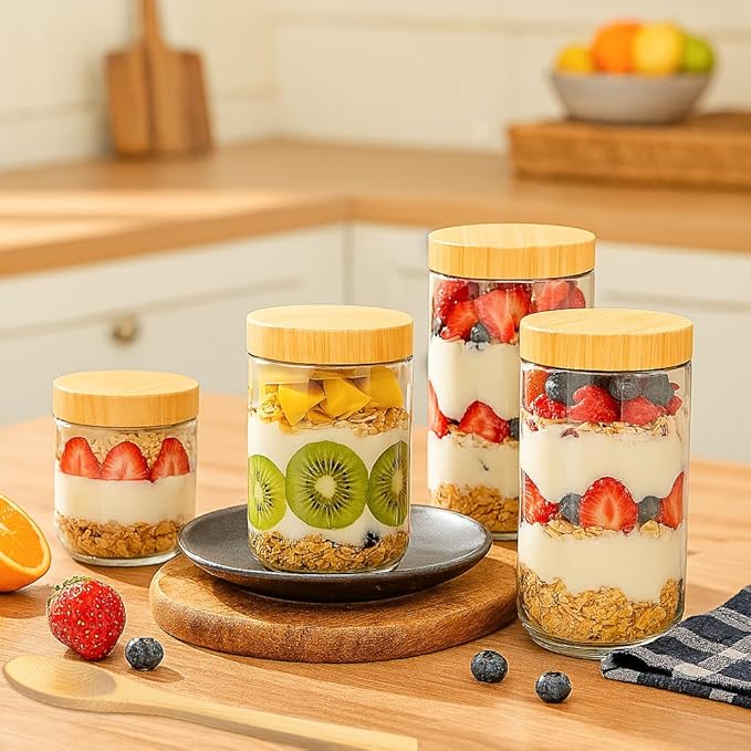 12 Pack 16oz Glass Jars with Bamboo Lids, Spoons, Airtight Overnight Oats Containers, Salad& Yogurt Storage, Mason Jars for Snacks, Spices, Meal Prep – Reusable