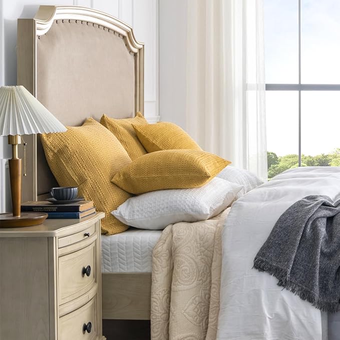 COCOPLOCEUS 26x26 Pillow Covers Boho Euro Shams Set of 2 Decorative Throw Pillow Covers Cotton Large Square Pillowcase for Couch Bed, Yellow