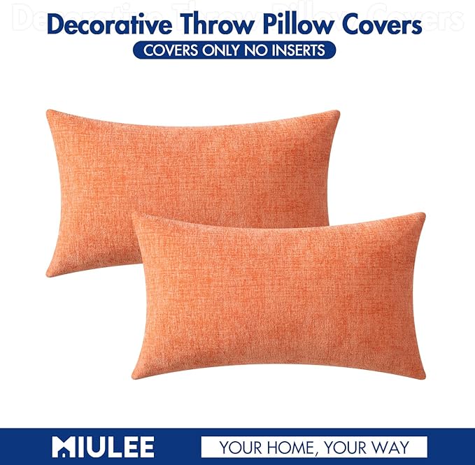 MIULEE Pack of 2 Couch Throw Pillow Covers 12x20 Inch Soft Coral Red Chenille Pillow Covers for Sofa Living Room Spring Home Decor Couch Solid Dyed Cases